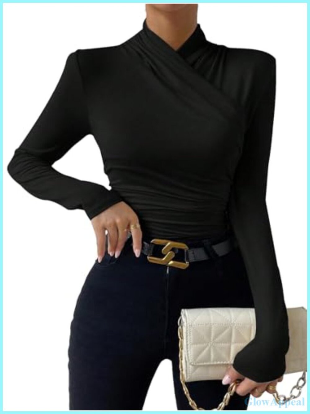 SweatyRocks Women's Ruched Mock Neck Long Sleeve Wrap T-Shirt